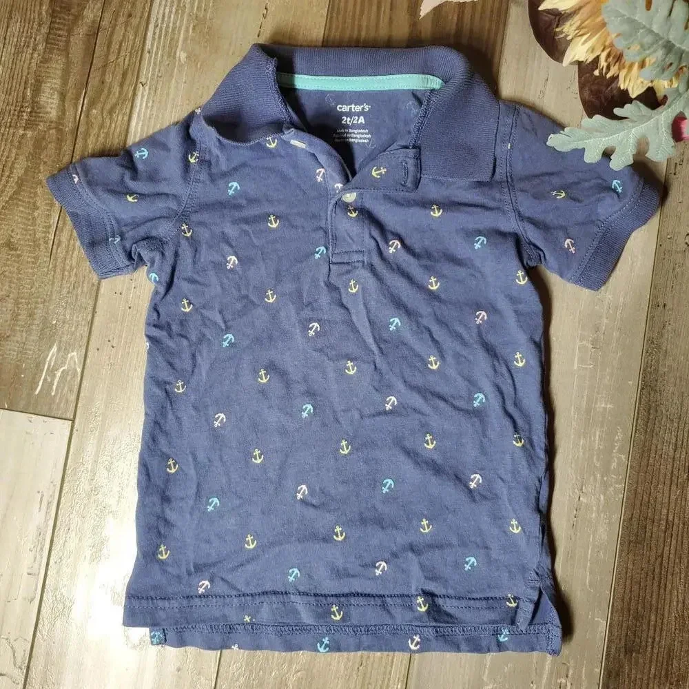 Carter's Toddler Boy Blue Anchor Polo Shirt Size 2T 100% Cotton EUC